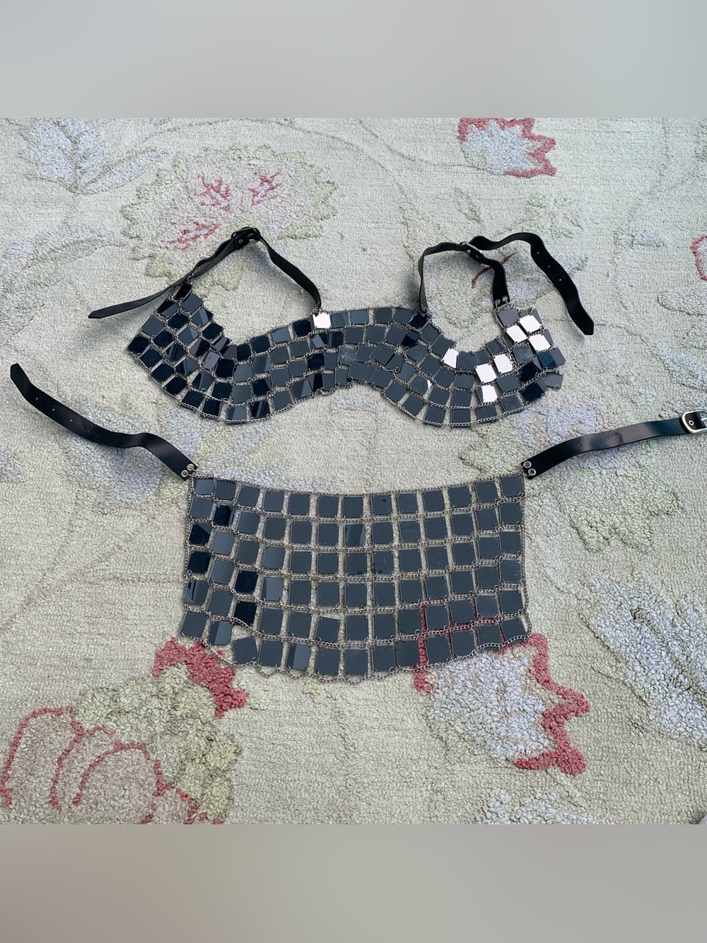 Rave Chainmail Mirror Mosaic Bralette & Open Miniskirt belt Set